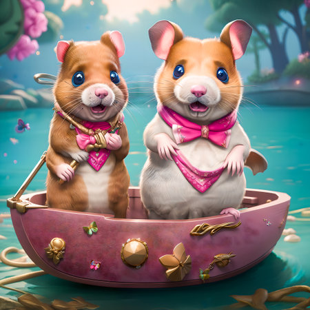 Two hamster, boy and girl are sitting boat.Romantic swimming fabulous pond.Love.Digital designer cartoon art illustration.3D render.の素材