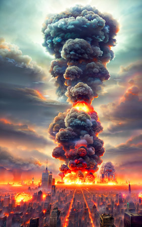 Nuclear explosion over the metropolis.Nuclear war.Destruction of civilization.Digital creative designer art drawing.Abstract illustration.3d renderの素材
