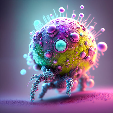Microbes and viruses under the microscope.Scary and evil.Vivid color.Digital designer art abstract cartoon illustration.3D render.の素材