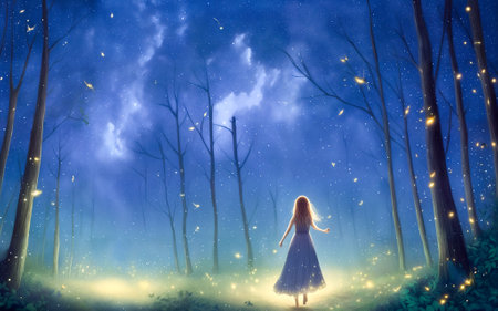 Girl standing in the middle of magic night forest with sky background and stars above her head, looking up at the sky. Digital creative designer art drawing.Abstract illustration.AI generativeの素材