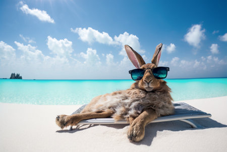 Rabbit in sunglasses lying sunbathing on the beach.AI illustrationの素材