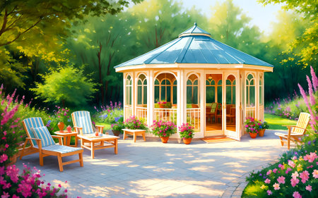 Unusual fairy tale rustic country house, located beautiful garden.Bright colors.Freehand watercolor drawing painting.Digital designer art illustration.の素材