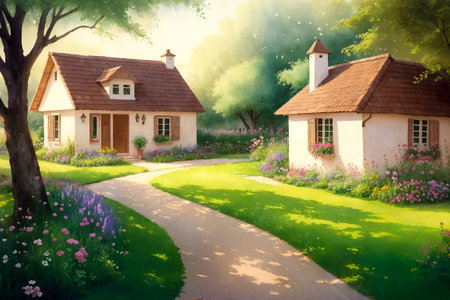 Unusual fairy tale rustic country house, located beautiful garden.Bright colors.Freehand watercolor drawing painting.Digital designer art illustration.AI illustrationの素材