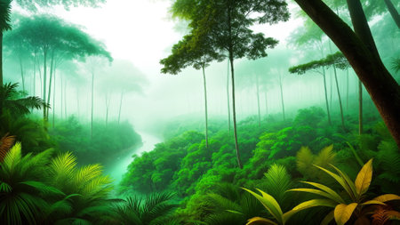 Green prehistoric jungle with lush vegetation.Digital creative designer art drawing.AI illustrationの素材