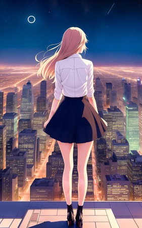 Young woman in skirt stands on the roof of skyscraper.Night, metropolis, houses.Anime style.Digital creative designer art drawing.AI illustrationの素材
