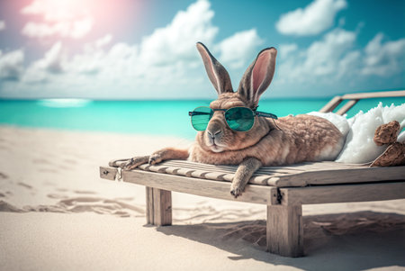 Rabbit in sunglasses lying sunbathing on the beach.AI illustrationの素材