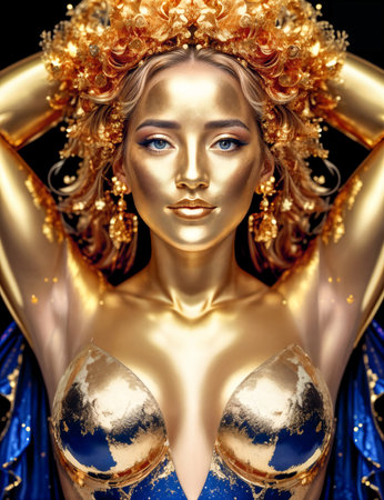 Portrait of a beautiful woman covered in gold.Princess and queen.Digital creative designer fashion glamor art.の素材