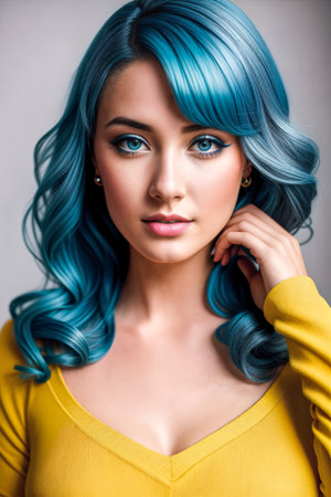 Portrait of young woman with blue hair.Digital creative designer fashion glamor art.の素材