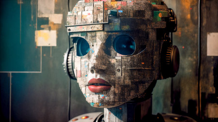 Head of an old metal rusty robot.Old peeling paint.Against the background of a colored wall.Creative designer art.の素材