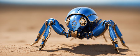 A close up of a blue mechanical insect spiderの素材