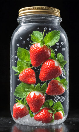 Strawberry and mint in a glass jar with water and iceの素材