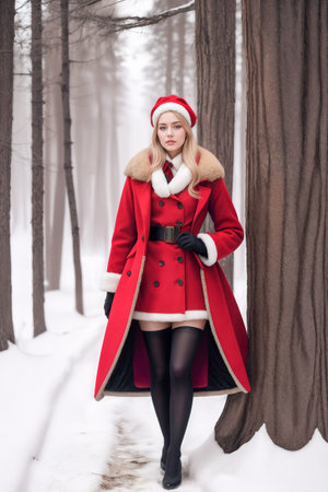 Woman in a red coat and black stocking standing in the snow in a forest with trees.Fashion photography, character portrait, gothic artの素材