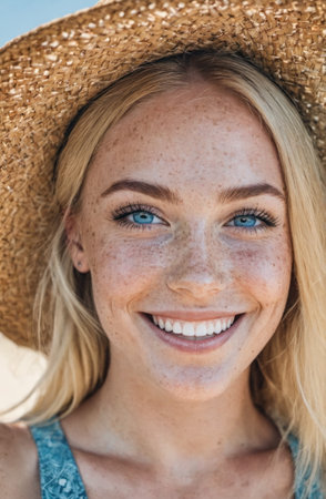 Portrait of a beautiful blonde smiling woman.Freckles, blue eyes, straw hat, summer.Close-up.Authentic appearance.Fashion glamor art.の素材