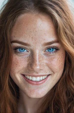 Portrait of a beautiful red-haired woman.Freckles, blue eyes.Close-up.Authentic appearance.Fashion glamor art.の素材