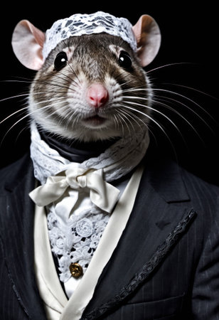 Portrait of a Rat in a black tailcoat and white lace bow. Victorian style.Black background.Creative designer art.の素材