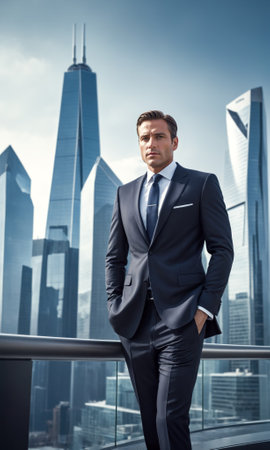 Professional photo shoot of business man in a suit standing in front of a cityscape with skyscrapers in the backgroundの素材