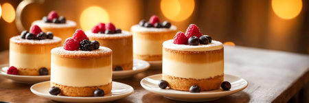 Exquisite desserts and specialty coffee served in a refined pastry shop with a soft and radiant bokeh backgroundの素材