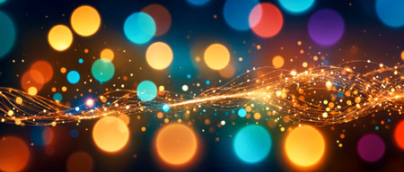 Background with indistinct bokeh, featuring abstract symbols related to financial technology and dynamic streaks of technologyの素材