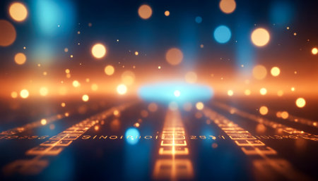 Background with indistinct bokeh, featuring abstract symbols related to financial technology and dynamic streaks of technologyの素材