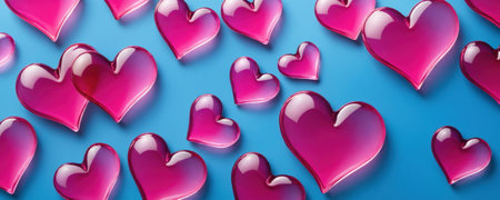 Pink glass transparent hearts valentines day abstract blue background and design backdrop pragmaの素材