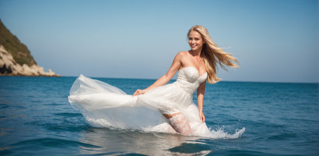 Joyful bride in a white wedding gown smiles brightly as she holds her dress, with the ocean waves gently lapping at her feet.Summer holiday at seaの素材