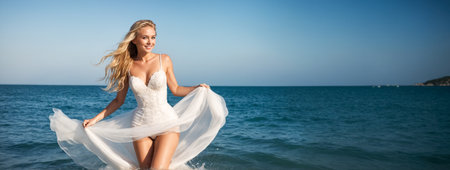 Joyful bride in a white wedding gown smiles brightly as she holds her dress, with the ocean waves gently lapping at her feet.Summer holiday at seaの素材
