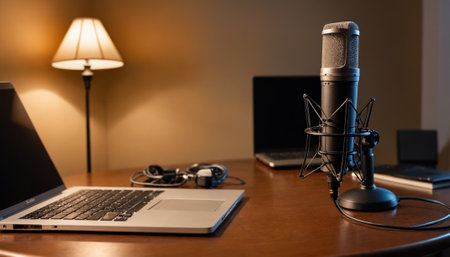 A condenser microphone with a pop filter is positioned in front of a laptop in a warmly lit room, ready for an evening podcast session.の素材