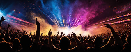 A spectacular firework display illuminates the sky above a crowd of enthusiastic concert-goers, capturing the energy of a live music event at night.の素材