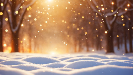 The golden hues of a setting sun illuminate a serene snowy landscape, creating a captivating play of light and shadow amongst the undisturbed drifts.の素材