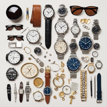 A collection of vintage watches, sunglasses and fashion accessories on a neutral background demonstrates a timeless sense of style and precision.の素材