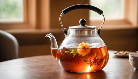 A clear glass kettle, filled with freshly brewed hot floral tea, sits on a wooden table, illuminated by natural sunlight coming through a nearby windowの素材
