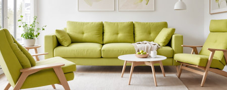 a fresh and modern Scandinavian apartment living room with a vibrant lime green sofa and matching recliner, complemented by minimalistic decor and abundant natural light.の素材