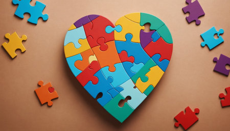 a finished jigsaw puzzle in the shape of a heart, featuring vibrant colors, set against a simple beige backdrop with scattered puzzle pieces.の素材