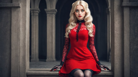 The ethereal goth woman exudes vintage charm and modern mystery as she poses confidently. A red dress and black stockings complete the look.の素材