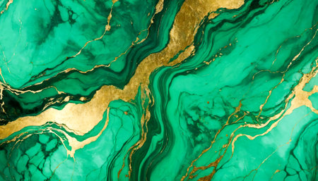 An abstract representation of the texture of green marble with swirling patterns and elegant gold flecks creates a luxurious visual effect.の素材
