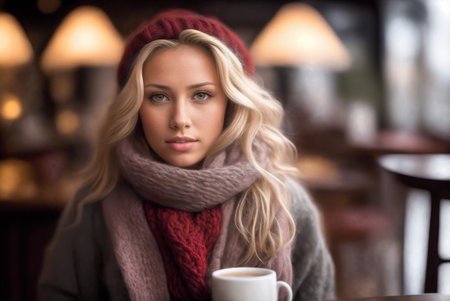 Woman in knitted hat wearing scarf drinks coffee in cozy cafe.Fashion glamor art.の素材