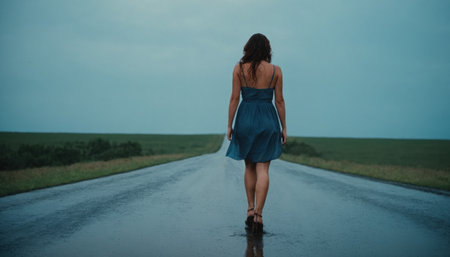 A woman in a dress walks along a dirty wet asphalt road. Autumn, bad weather. Back viewの素材