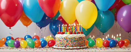 A vibrantly decorated birthday cake with lit candles is surrounded by a festive array of multicolored balloons and party decorationsの素材