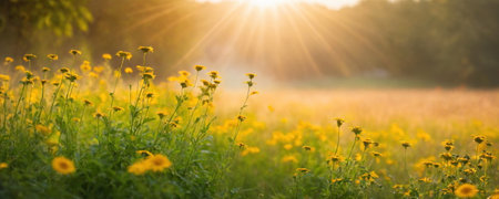 A field full of bright orange flowers illuminated by the morning sun, creating a stunning summer scene. Illumination and summer blurred background, morning.の素材