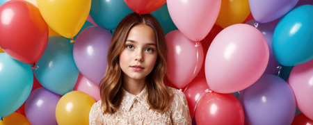 A teenage girl surrounded by colorful balloons. The atmosphere of celebration, joy and happiness.の素材