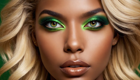 A stunning black woman with gold earrings and bold makeup that accentuates piercing eyes. Blonde hair and clothes make the look stylish.の素材