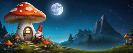 A charming mushroom house with a wooden door, located in a clearing, surrounded by smaller mushrooms, in a fabulous night land.の素材