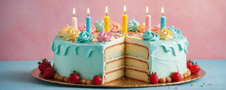 a beautifully decorated birthday cake with vibrant multi-colored frosting and lit candles. Simple plate, surrounded by a scattering of colorful sprinkles, against a soft pastel pink backgroundの素材