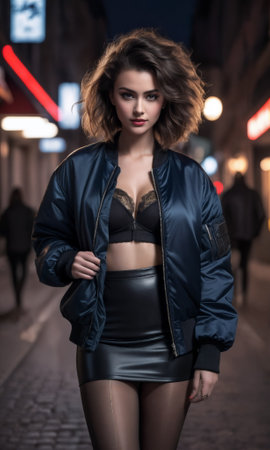 A woman exudes confidence as she strides through a neon-soaked streetscape, her attire a blend of edgy and classy against the city nightの素材