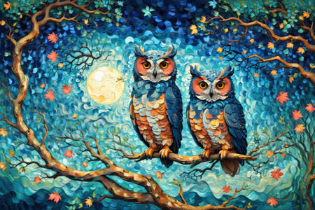 A captivating owl with bright eyes sits calmly on a branch amid a whimsical twilight forest painted with rich, dynamic hues and swirling patternsの素材