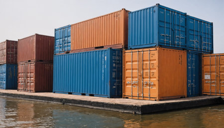 Colorful shipping containers are stacked high in an orderly fashion, ready for transport or storage at a freight terminal.の素材
