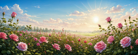 The sky is a tapestry of bright orange and blue hues, through which rays of sunlight break through, emphasizing the natural beauty of roses and hills in the background. Sunrise.の素材