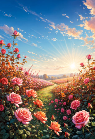 The sky is a tapestry of bright orange and blue hues, through which rays of sunlight break through, emphasizing the natural beauty of roses and hills in the background. Sunset.の素材