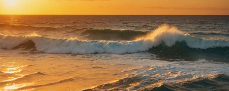 The setting sun casts a warm glow on the horizon, highlighting the foamy crests of waves crashing on the shore. The dramatic play of light and water creates a serene atmosphere.の素材