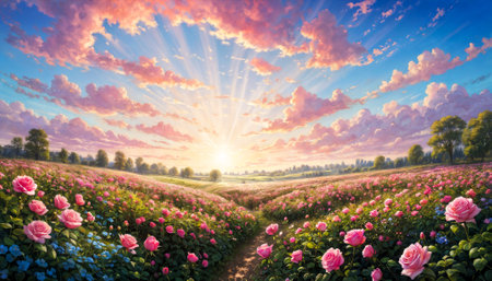 The sky is a tapestry of bright orange and blue hues, through which rays of sunlight break through, emphasizing the natural beauty of roses and hills in the background. Sunrise.の素材
